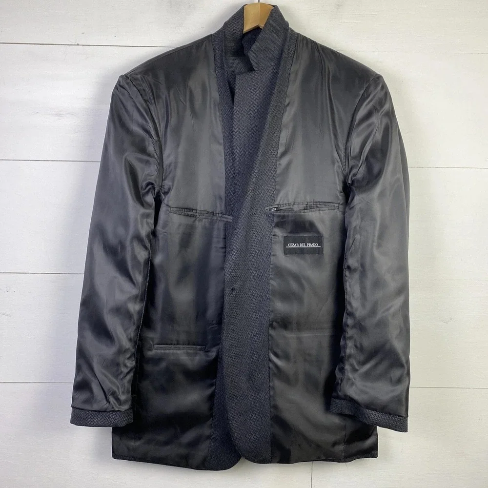Cezar Del Prado Blazer 40R Jacket Gray Black Herringbone Silk Wool Sport Coat